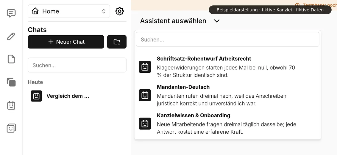 Ansicht einer Rechtsanwältin ohne Verwaltungsrechte: Beim Öffnen der Assistentenauswahl erscheinen genau drei Assistenten - „Schriftsatz-Rohentwurf Arbeitsrecht“, „Mandanten-Deutsch“ und „Kanzleiwissen & Onboarding“ -, nicht die neun der gesamten Kanzlei.
